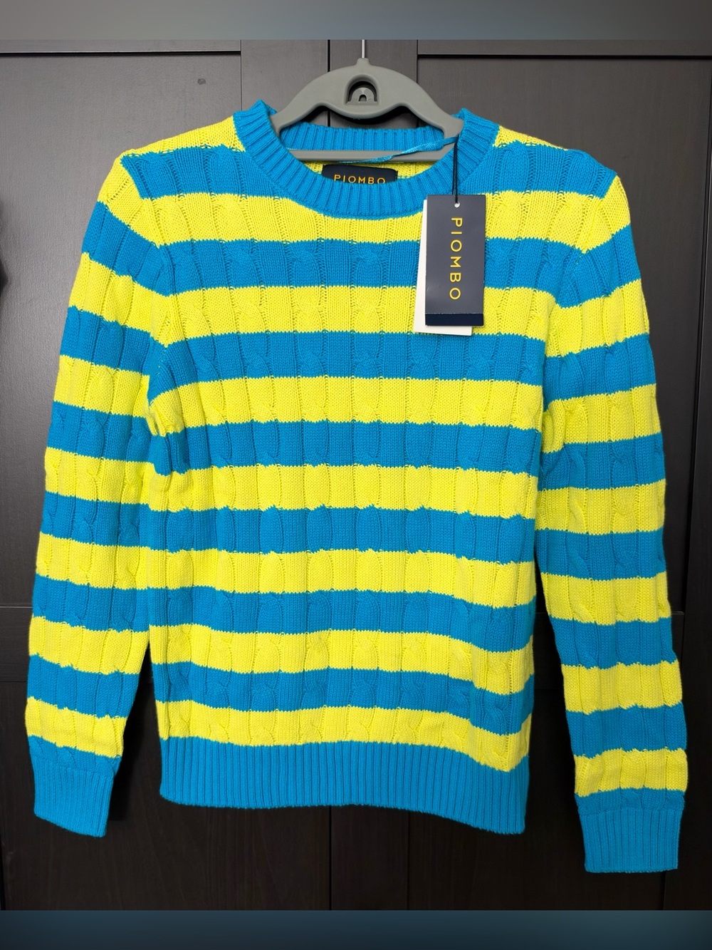 Piombo ~ Women's Bright Blue & Yellow Striped Crewneck Sweater 200% Cotton NWT S